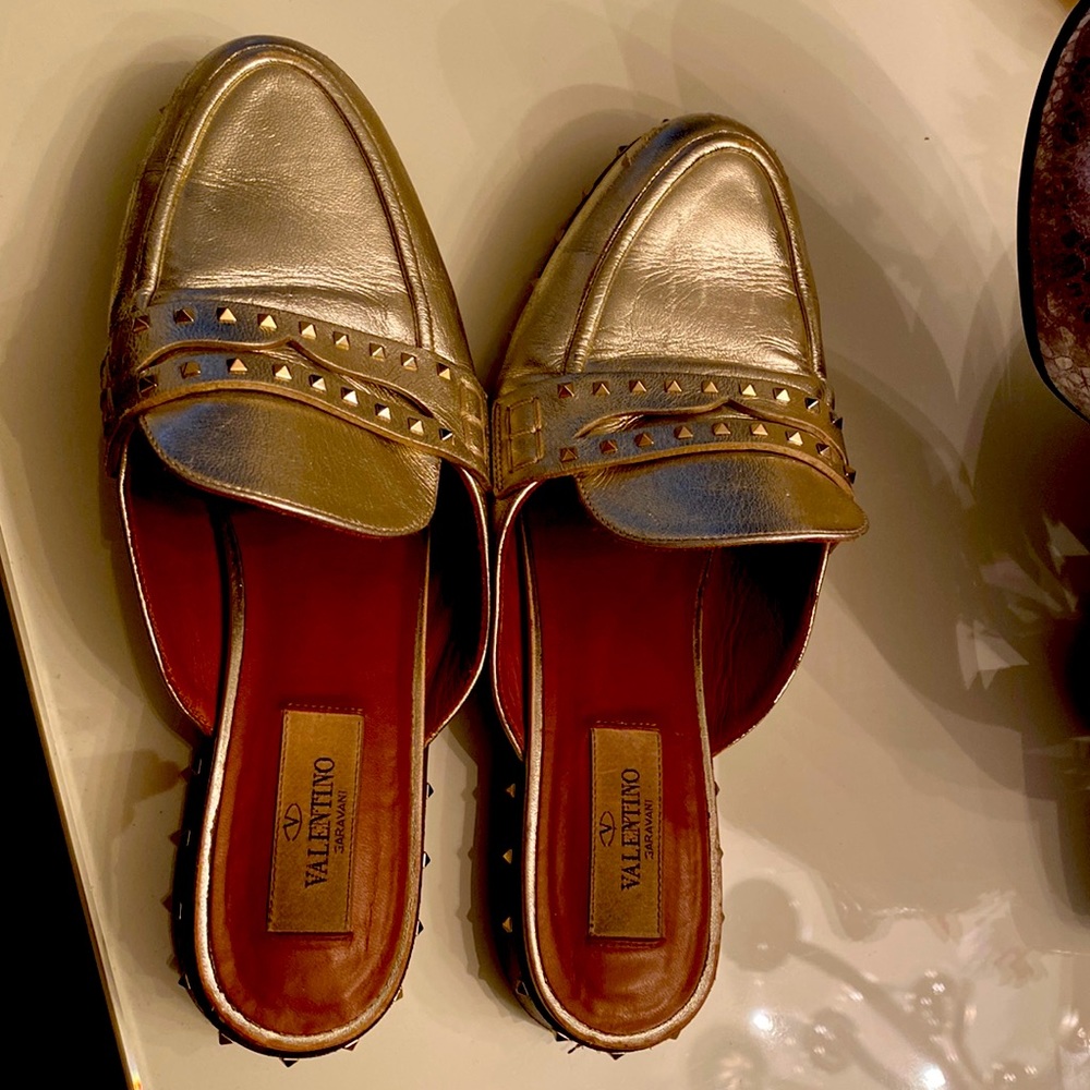 Valentino Metallic Bronze Leather Soul Rockstud Flat Mules Size 36.5